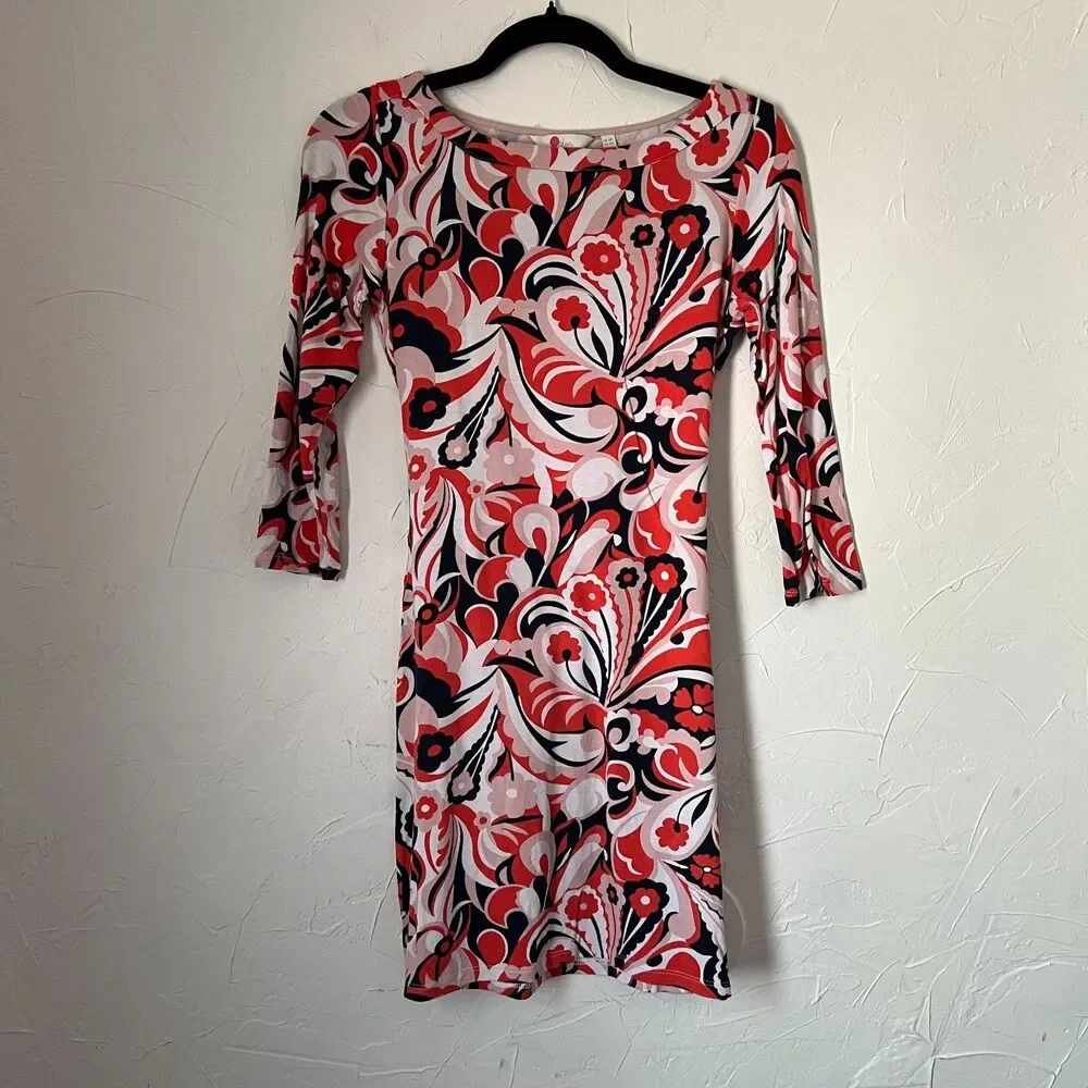 Boden Retro Sylvia Marion Tie Jersey Tunic Dress Floral Pink Red‎ Size 4 Petite